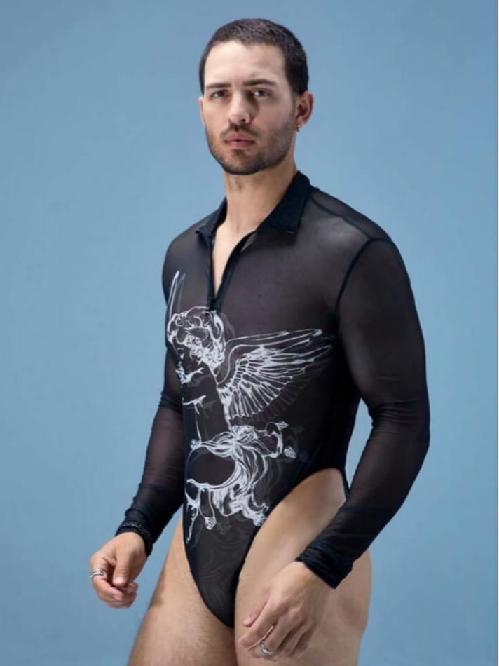 men's angal print sheer sexy long sleeve daily bodysuit